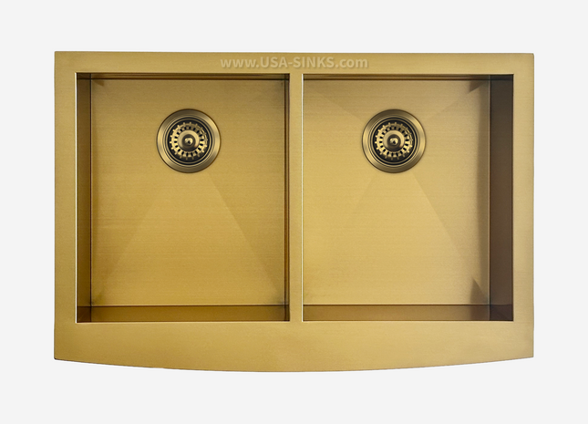 33" x 22" Farmhouse Undermount Double Bowl, Zero Radius, 18-Gauge Stainless Steel Sink - Gold