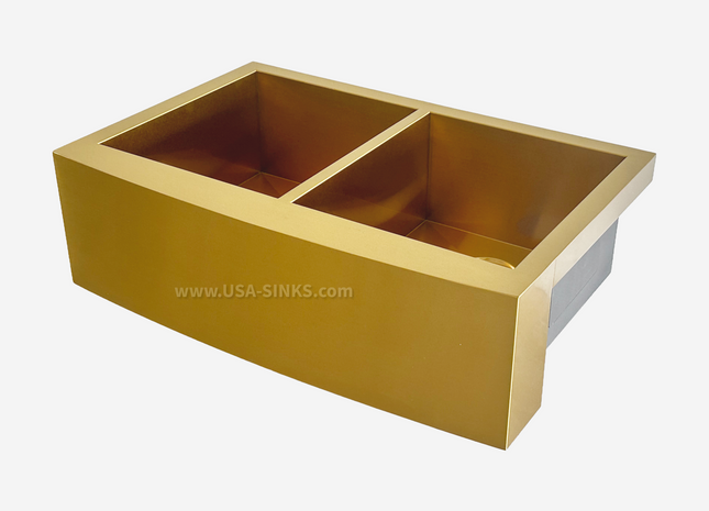 33" x 22" Farmhouse Undermount Double Bowl, Zero Radius, 18-Gauge Stainless Steel Sink - Gold