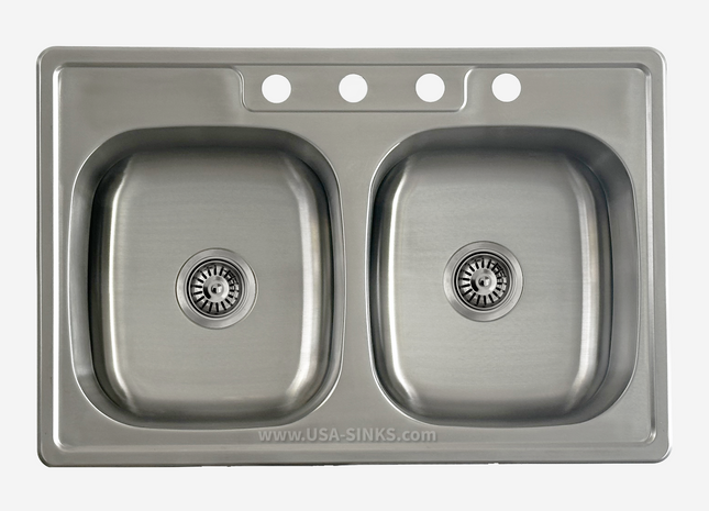 33" x 22" Drop-in Double Bowl, 20-Gauge Stainless Steel Sink